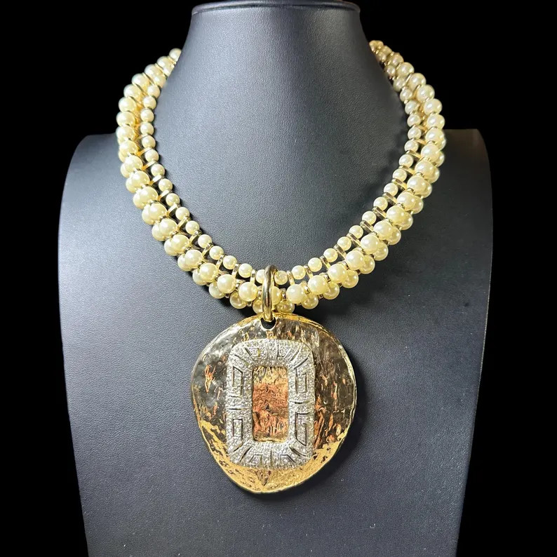 The Greer Necklace | 1950s Faux Pearl Choker with Gold Pendant & 1930s Rhinestone Buckle | Vintag... | Etsy (US)