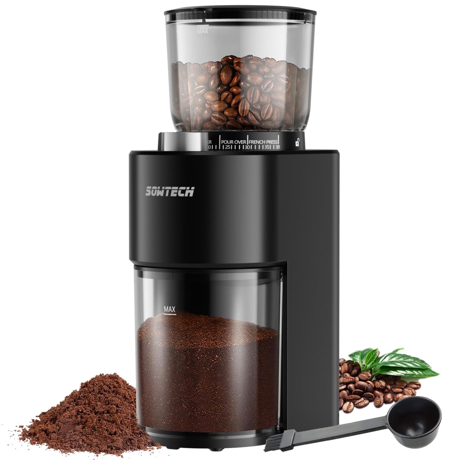 SOWTECH Anti-static Conical Burr Coffee Grinder, Adjustable Burr Mill with 38 Precise Grind Setting, precision timer, for Espresso/Drip/Pour Over/Cold Brew/French Press Coffee Maker(Black) | Amazon (US)