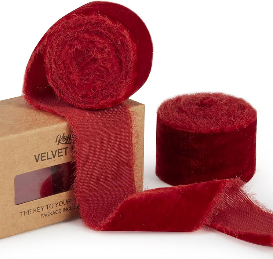 Red Velvet Ribbon for Christmas Tree - 1 1/2 inch Wide Handmade Fringe Fabric Ribbons for Gift Wr... | Amazon (US)