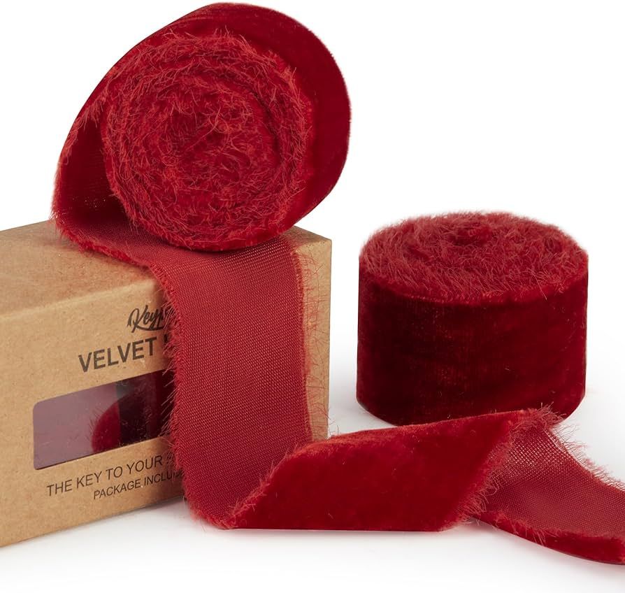 Keypan Red Velvet Ribbon for Christmas Tree - 1 1/2 inch Wide Handmade Fringe Fabric Ribbon for G... | Amazon (US)