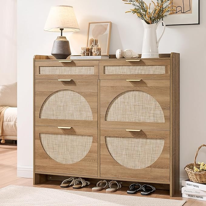 Rattan Shoe Storage Cabinet with 4 Flip Drawers & 2 Drawers, Freestanding Organizer for Front Doo... | Amazon (US)