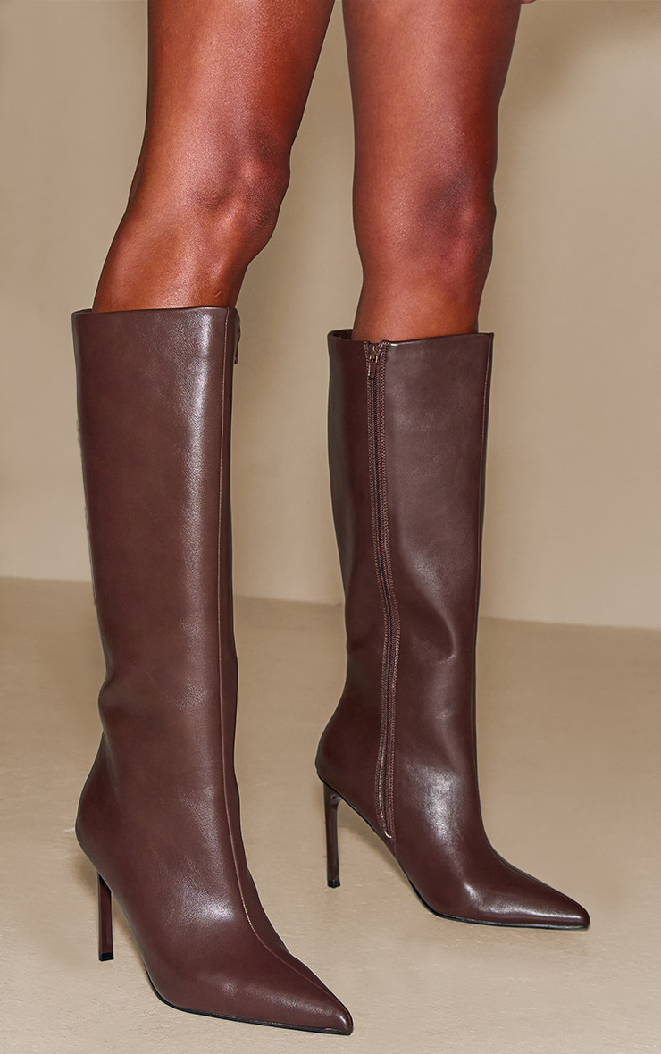 Chocolate Knee High Stiletto Heeled Boot | Footwear | PrettyLittleThing UK