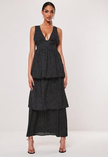 Missguided - Black Polka Dot Plunge Layered Maxi Dress | Missguided (US & CA)