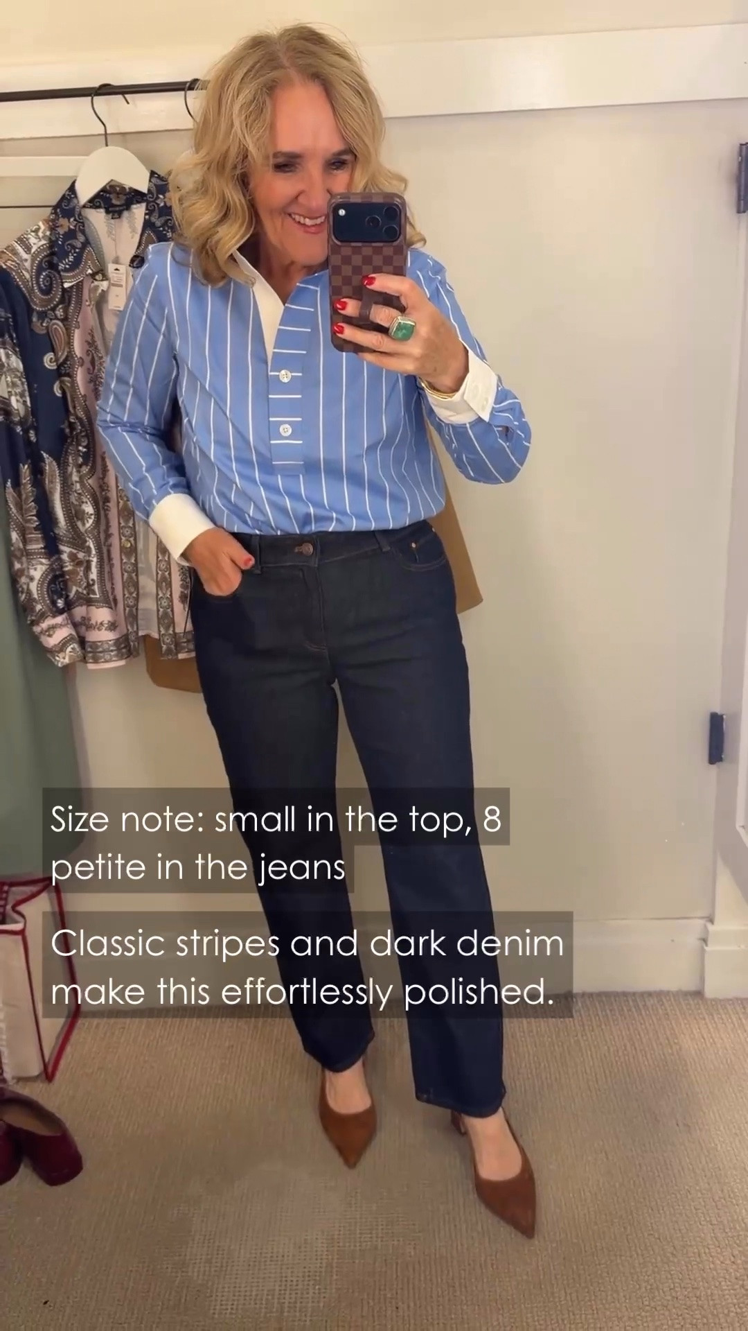 This blue striped blouse and dark straight-leg jeans are such a classic combination. The pretty white cuffs and button details add polish, while cognac pointed-toe flats finish the look beautifully.

💡 LTK MADE EASY
❤️ Heart = Support my posts!
🔖 Save = Get sale & restock alerts
📋 Lists = Keep favorites organized
📲 Share = Send lists and products to a friend. Hello, Christmas List!
💬 Comment = Ask me anything about what I'm wearing.:-)

#LTKdayinmylife #LTKgrwm #LTKootd