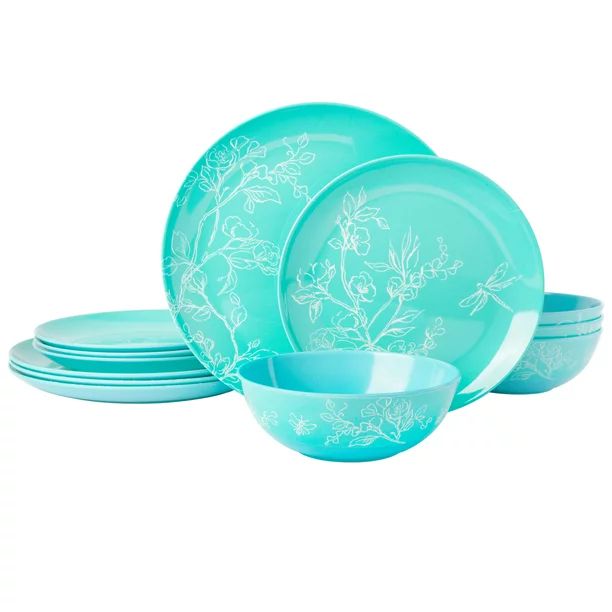 Martha Stewart Everyday Eatonville 12-Piece Floral Teal Melamine Dinnerware Set - Walmart.com | Walmart (US)