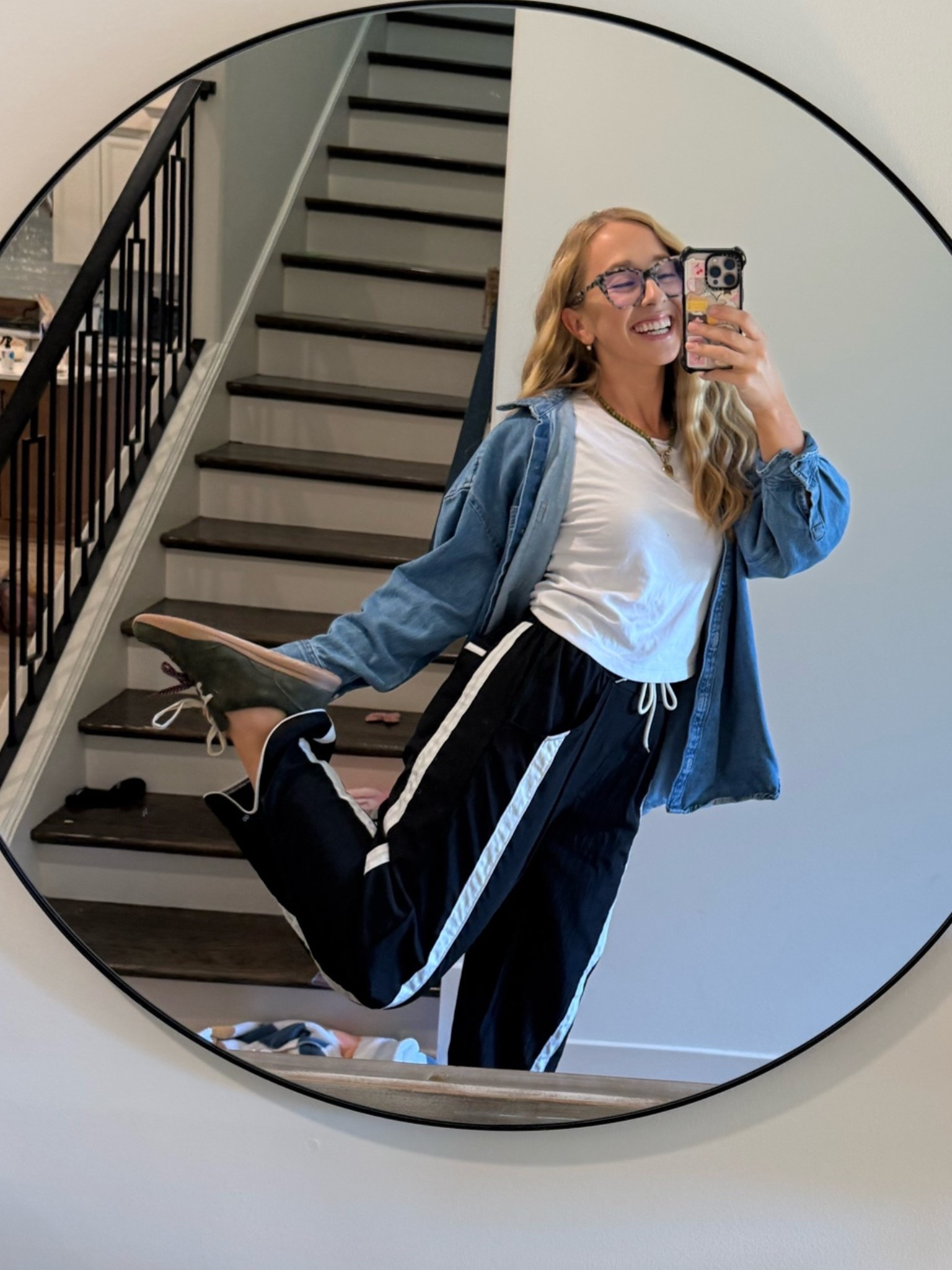 Track pants & denim shirt