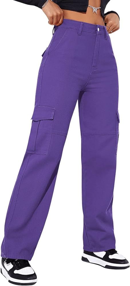 SweatyRocks Women's High Waist Cargo Jeans Flap Pocket Wide Leg Denim Pants | Amazon (US)