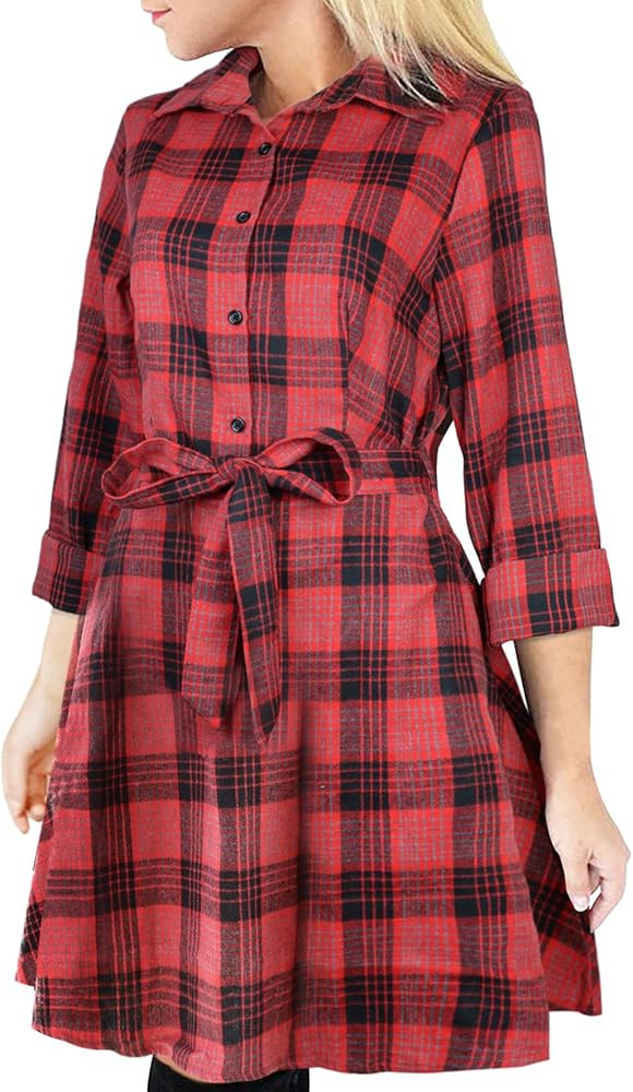FANCYINN Women Long Sleeve Plaid Pattern Tunic Tops Shirt Casual Dress | Amazon (US)