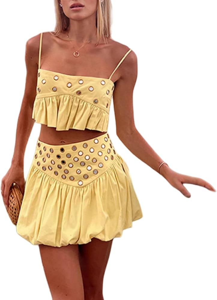 2 Piece Skirt Sets for Women Sleeveless Crop Top and High Waisted Mini Skirts Circle Hole Bubble ... | Amazon (US)