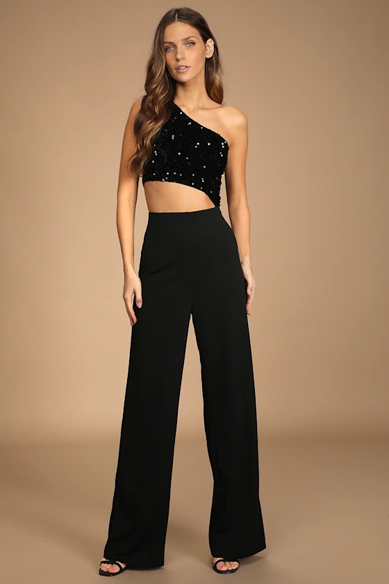 Feel the Glow Black Sequin One-Shoulder Cutout Jumpsuit | Lulus (US)