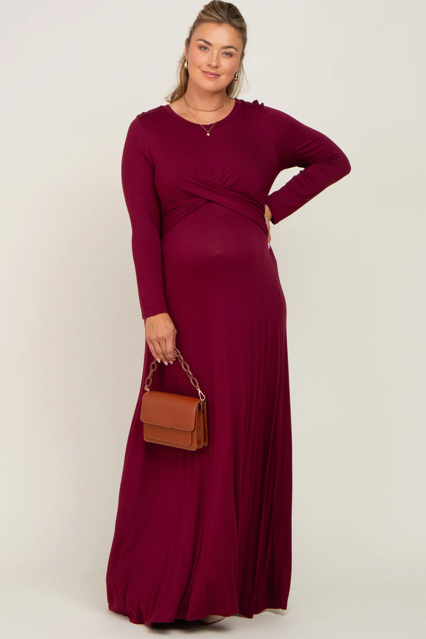 Burgundy Front Twist Long Sleeve Maternity Plus Maxi Dress | PinkBlush Maternity