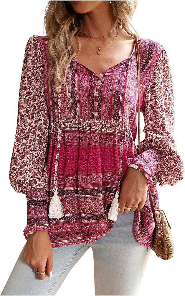 Verdusa Women's Boho Lantern Sleeve Fringe Tie Neck Button Front Blouses Peplum Shirt Top | Amazon (US)