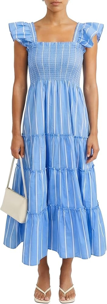 Women\u2019s 100% Cotton Floral Smocked Midi Dress with Ruffle Straps, Square Neck Flowy Tiered S... | Amazon (US)