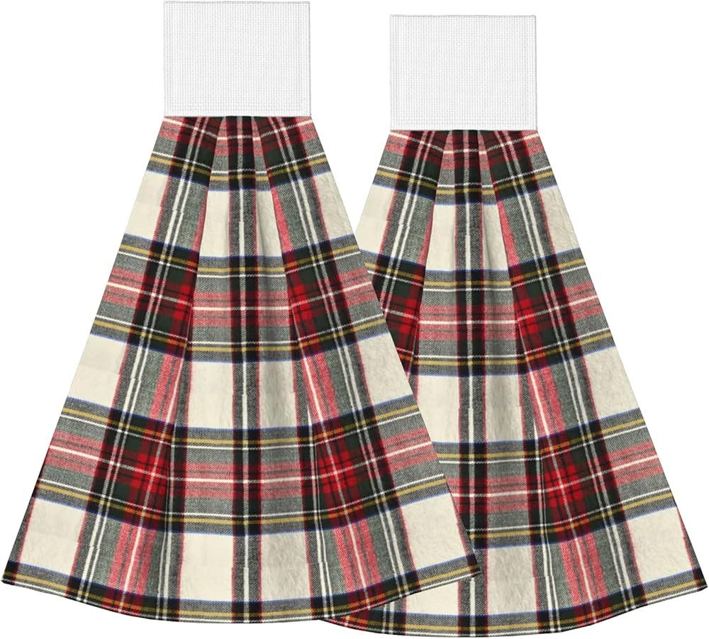 Hanging Kitchen Towels with Loop Set of 2 Scottish Red and White Tartan Drying Hand Tie Towel Sof... | Amazon (US)