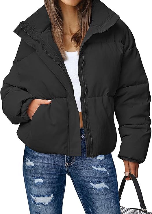 MEROKEETY Women's Winter Long Sleeve Zip Puffer Jacket Stand Collar Baggy Short Down Coats with P... | Amazon (US)