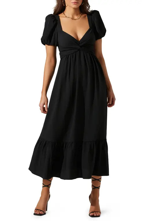 ASTR the Label Tie Back Puff Sleeve Midi Dress in Black at Nordstrom, Size Medium | Nordstrom