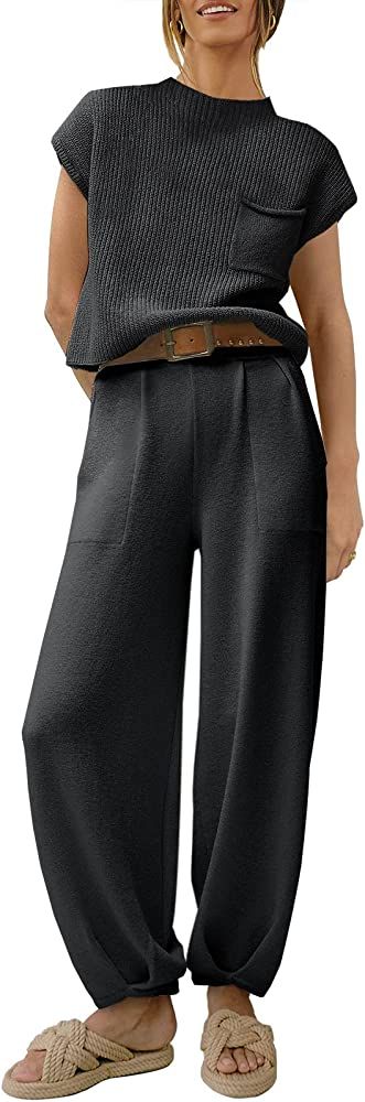 Caracilia Women's Casual Two Piece Outfits Cap Sleeve Knit Top and Loose Pants Fashion Tracksuit ... | Amazon (US)