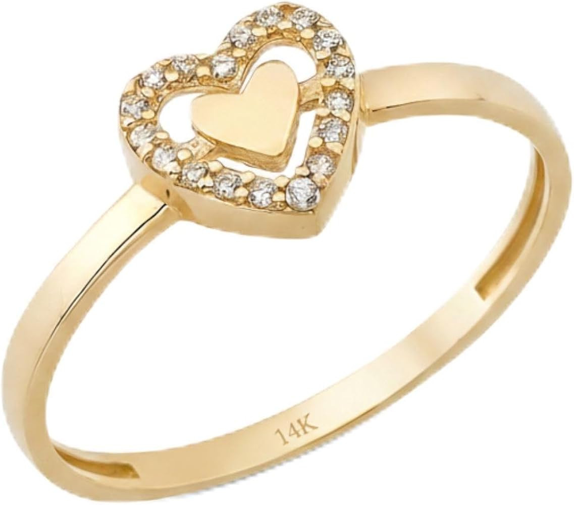 14K Real Solid Gold Ring for Women, Double Heart Ring Simulated Diamond for Engagement, Thickness... | Amazon (US)
