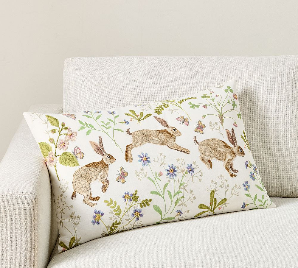 Spring Jumping Bunny Embroidered Lumbar Pillow | Pottery Barn (US)