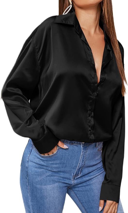 MakeMeChic Women's Satin Silk Long Sleeve Blouse Button Down Shirt Casual Top | Amazon (US)