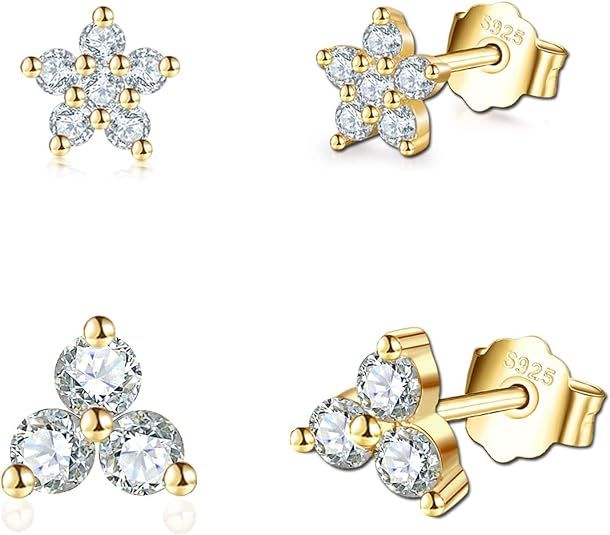 Sterling Silver Stud Earrings for Women Men, 3 Pairs Flower Cubic Zirconia Stud Earrings Set | Sm... | Amazon (US)