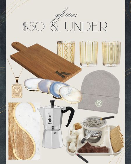 Gifts for $50 and under include custom cheese board, monogrammed serving board, Lulu beanie, S’mores kit, stovetop espresso maker, coasters, votive set, initial necklace.

Gift guide, gifts under $50, affordable gifts, gifts for her, gifts for couples

#LTKHoliday #LTKGiftGuide #LTKfindsunder50