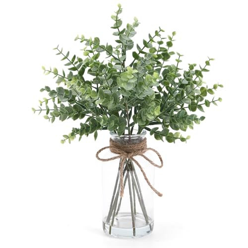 Coferset Eucalyptus Stems in Glass Vase with Faux Water, 14" Eucalyptus Fake Plants for Home Bathroom Counter Office Kitchen Farmhouse Shelf Centerpiece Coffee Table Decor(Sage Green) | Amazon (US)