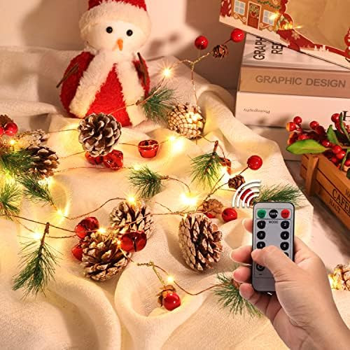 Christmas Garland with String Lights, Pine Cone Red Berry Bells Garland Lights, 10 Ft 30 LED Indo... | Amazon (US)