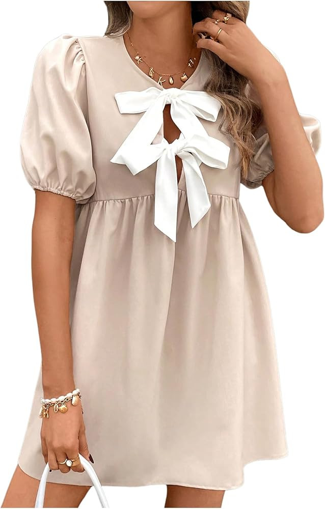 SweatyRocks Women's Bow Puff Short Sleeve Dress Tie Front A Line Babydoll Dresses | Amazon (US)