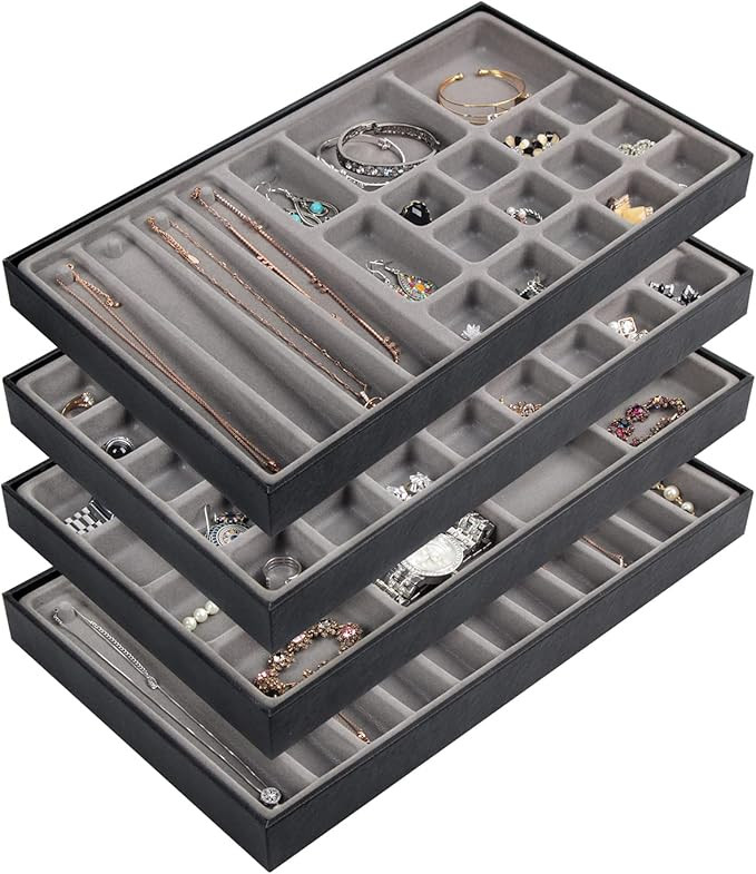 Set of 4 Stackable PU Leather Jewelry Organizer Trays, Jewelry Display Storage Box Showcase Holde... | Amazon (US)