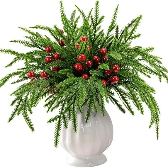 Watayo 45 Pcs Christmas Norfolk Pine Branches with Red Berry Stems, 14" Artificial Greenery Norfo... | Walmart (US)