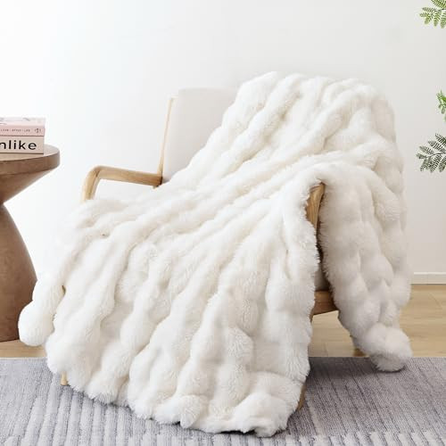 Smoofy Faux Fur Blanket Rabbit Fleece - Cream White Fluffy Blanket for Sofa, Cozy Soft Plush Throw Blanket for Couch Bed, Luxury Thick Fuzzy Couch Blanket for Winter, Comfy Bubble Blanket - 50" x 60" | Amazon (US)