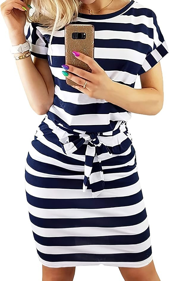 PRETTYGARDEN Women's Summer Short Sleeve Crewneck Striped Dress Basic Solid Tie Waist Office T Sh... | Amazon (US)