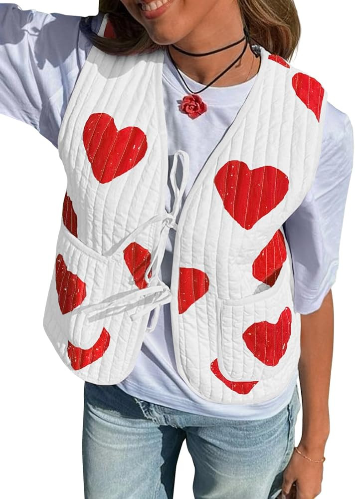 Tankaneo Womens Tie Front Quilted Vest Valentine Cropped Heart Print Sleeveless Jacket Reversible... | Amazon (US)