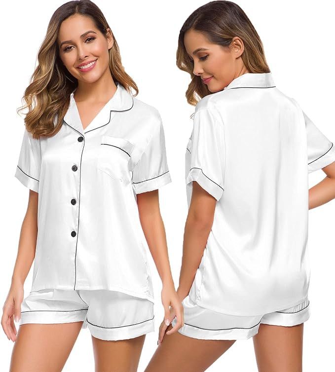 SWOMOG Womens Silk Satin Pajamas Set Short Sleeve Sleepwear Button Down Top and Shorts Loungewear... | Amazon (US)