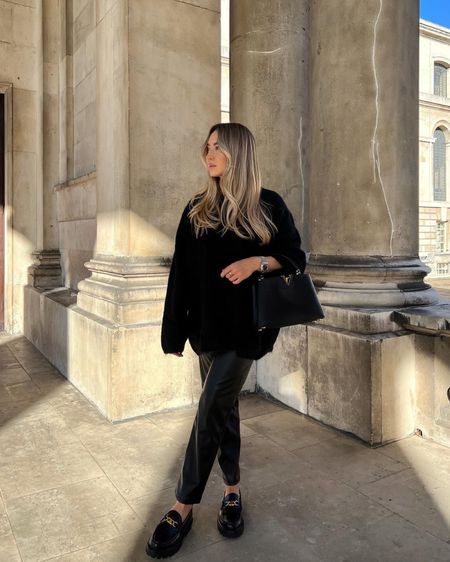 All black simple outfit. Perfect for layering with for winter. Black alpaca oversized jumper, black faux leather trousers, Céline dupe loafers & black lv handbag  

#LTKshoecrush #LTKitbag #LTKstyletip