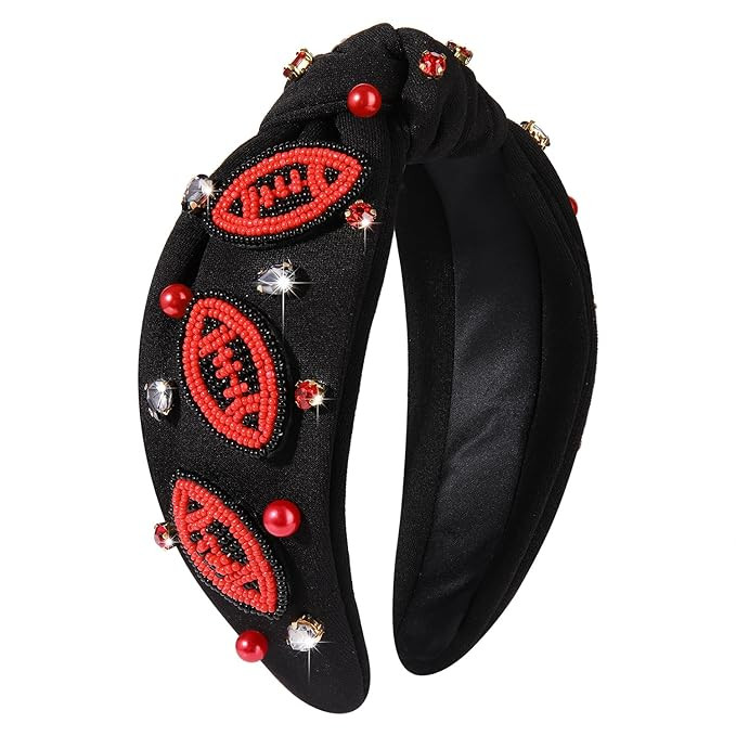 Football Knotted Headbands for Women Game Day Sports Headband Pearl Crystal Bejeweled Wide Top Kn... | Amazon (US)