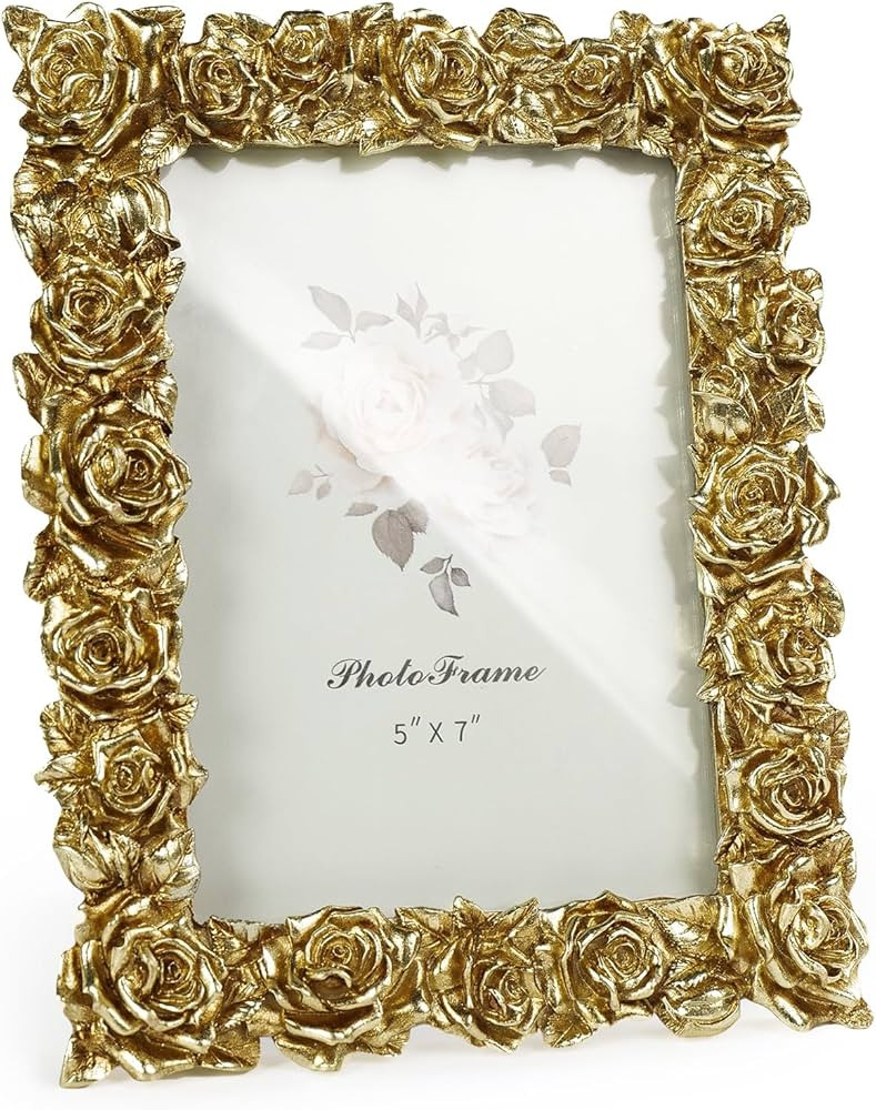Cuspin Vintage Gold 5x7 Picture Frame, Gold Ornate Rose Flower Resin Photo Frame with Glass Front... | Amazon (US)