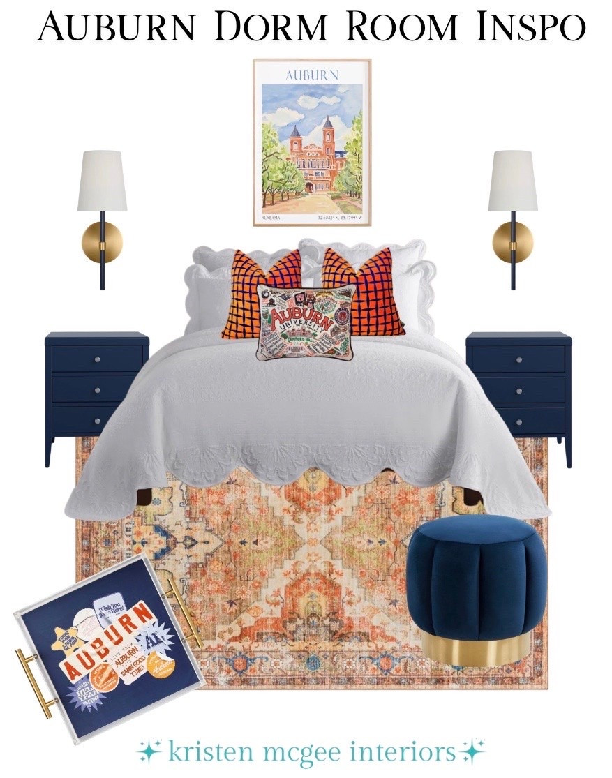 POV: You want your dorm to scream Auburn without looking like a sports store! Classic navy, pops of orange, vintage inspired details, and cozy layers make this the perfect mix of school spirit and elevated design!🧡🐅💙 #LTKcreator #LTKhome #LTKdiml #DormRoomDecor