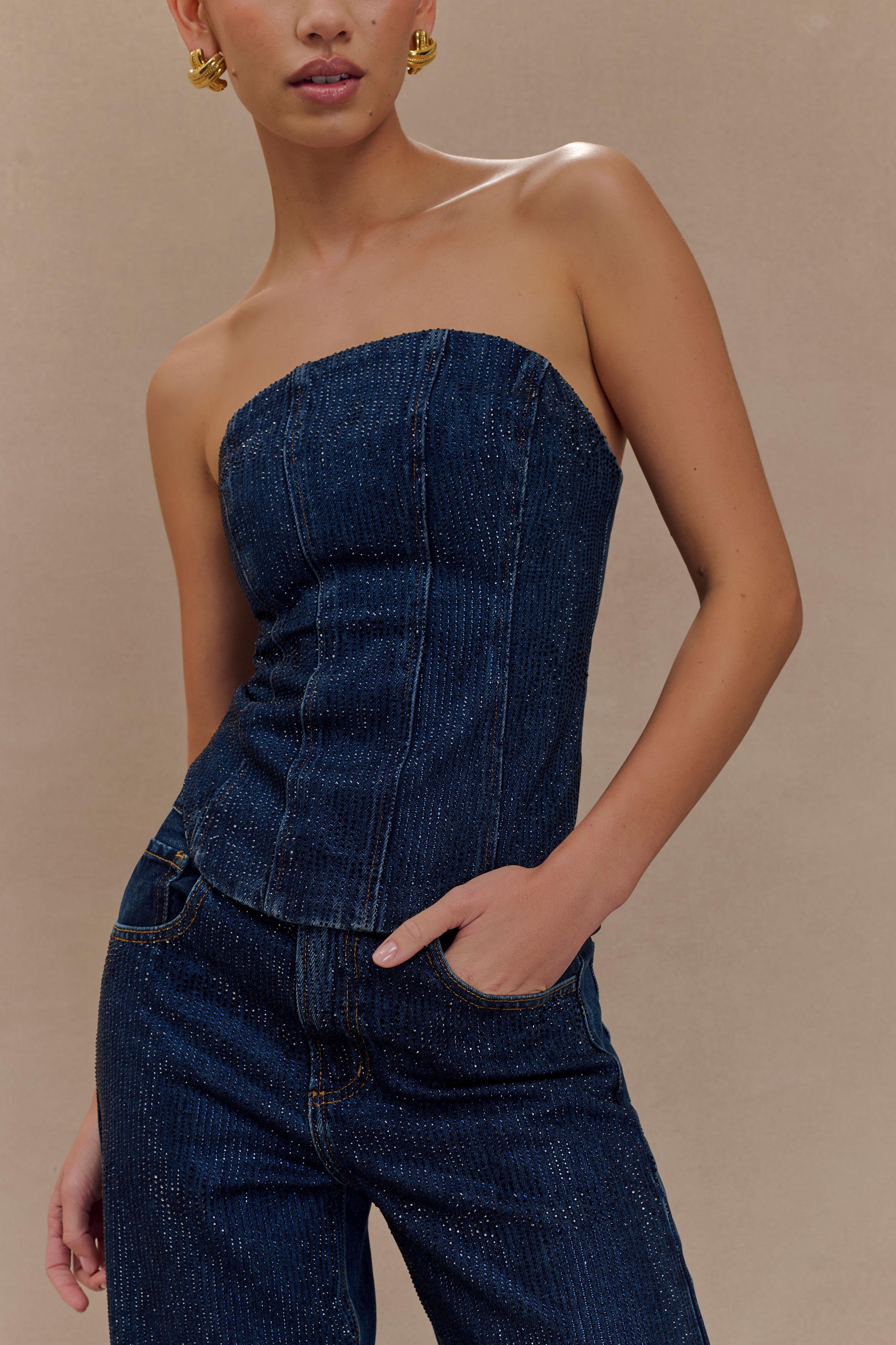 Monte Strapless Diamante Denim Corset - Midnight Blue | Meshki (APAC)
