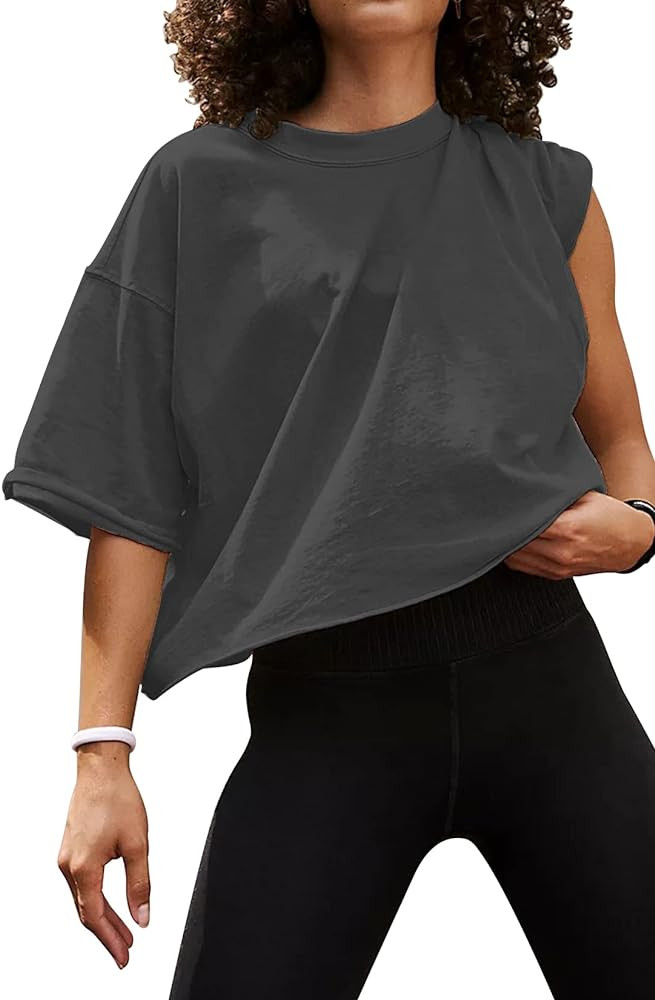 Women's Oversize Workout Crop Tops Casual Short Sleeve Drop Shoulder Boxy T-Shirts Roll Hem Basic... | Amazon (US)