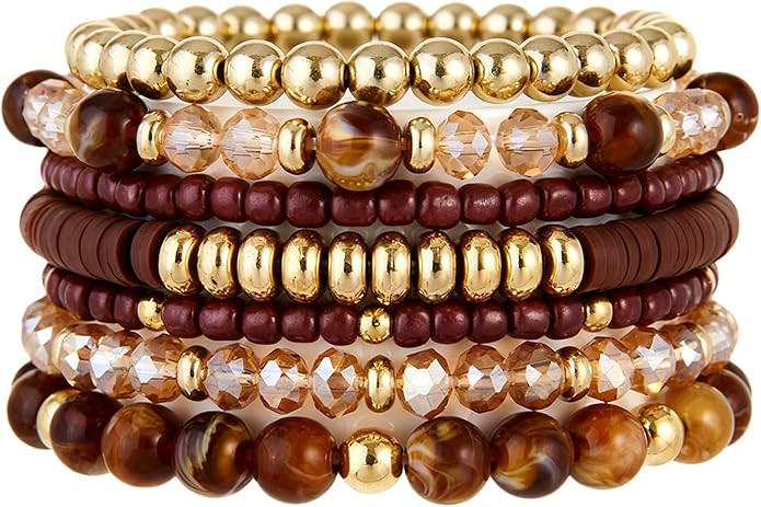 LOTSOF Boho Multilayer Beaded Bracelets Set for Women - Vintage Gold & Brown Stackable Stretch Br... | Amazon (US)