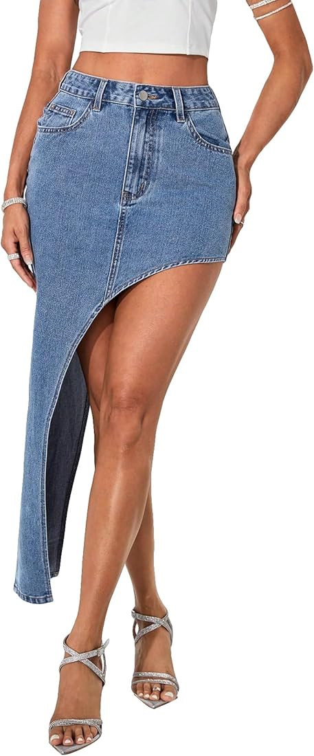 WDIRARA Women's High Waist Asymmetrical Hem Bodycon Denim Long Skirt Jean Skirt with Pockets | Amazon (US)