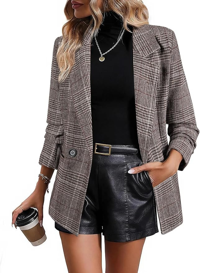 Happy Sailed Women’s Plaid Blazer Classic Lapel Collar Double Breasted Open Front Blazers Jacke... | Amazon (US)