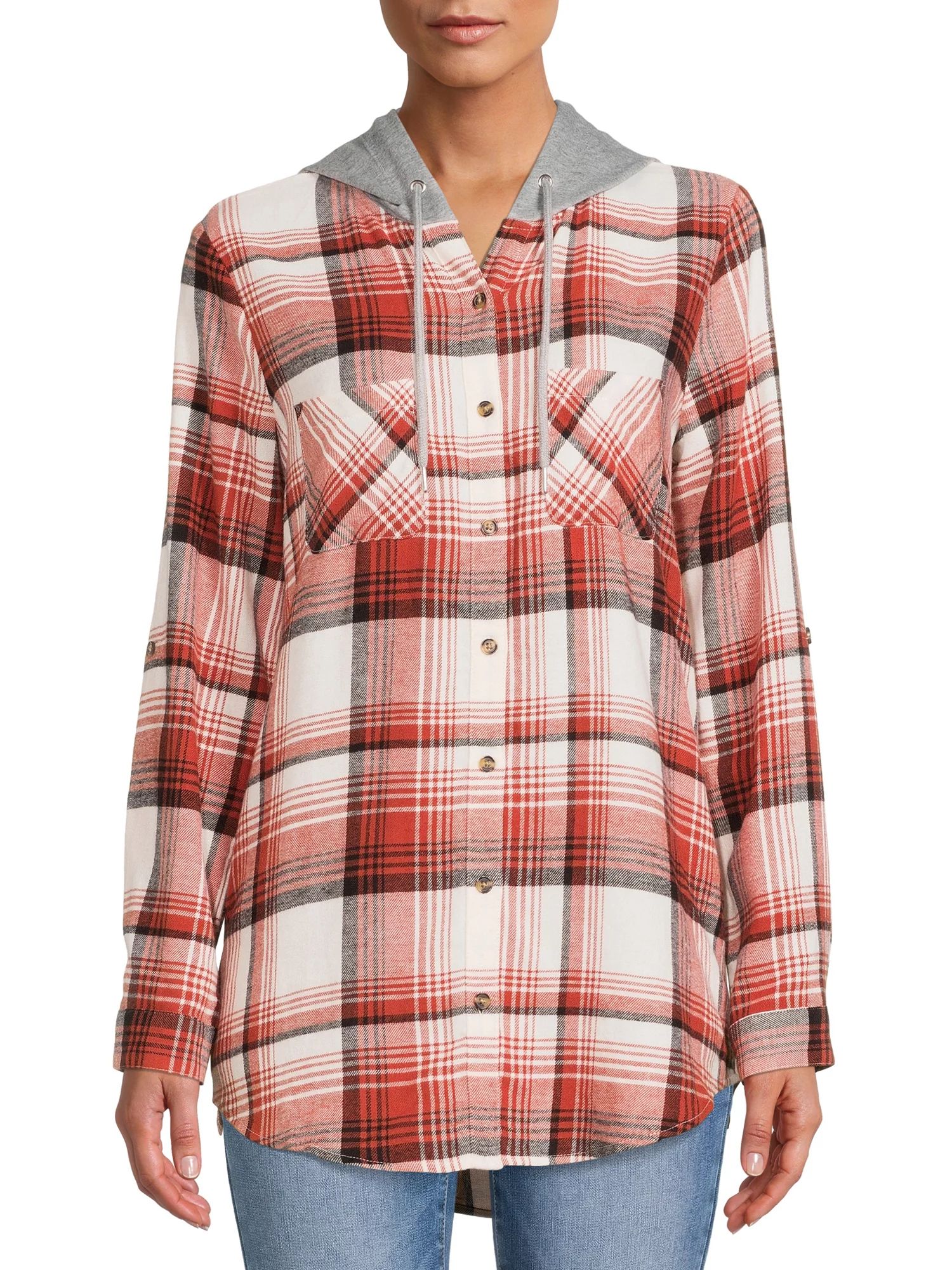 No Boundaries Juniors' Hooded Plaid Flannel Shirt | Walmart (US)