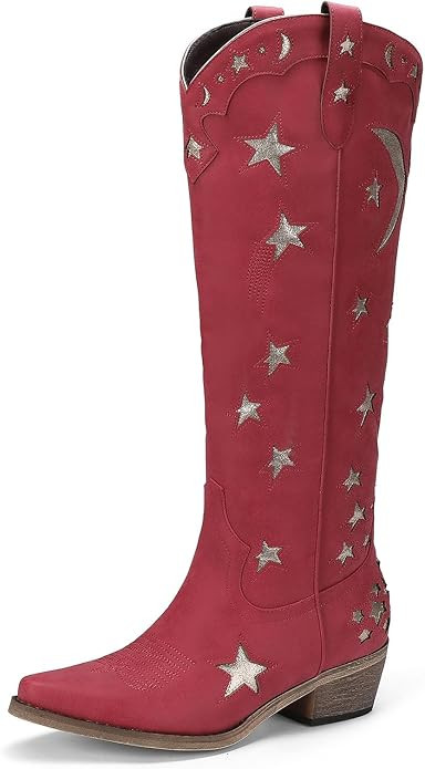 Mid Calf Cowgirl Boots with Stars Inlay Chunky Block Heels and Snip Toe Trend Shoes Stylish Embro... | Amazon (US)
