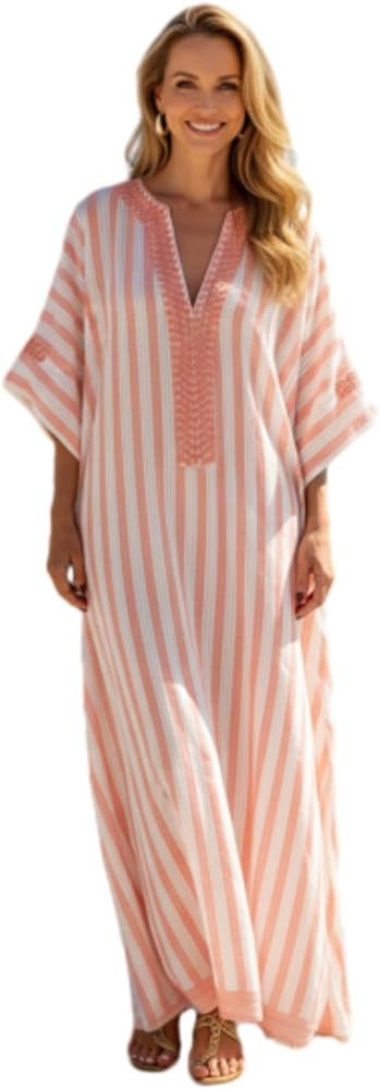 Women's Oversized Striped Cotton Linen Kaftan Maxi Dress Half Sleeve V Neck Loose Long Dress with... | Amazon (US)