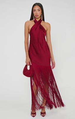 Jasmine Fringe Maxi Dress, in Cranberry Luxe Satin, Size: Large | Show Me Your Mumu | Show Me Your Mumu