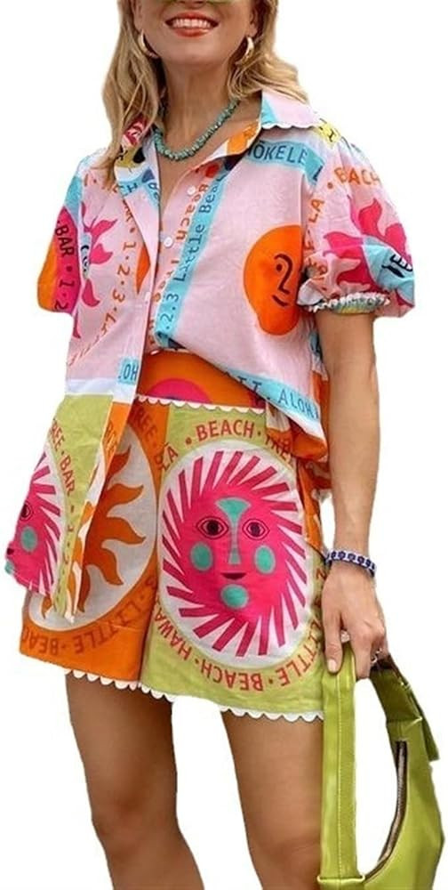 Leisure and fashionable versatile lace collar cardigan shirt set for women, printed shorts for wo... | Amazon (US)