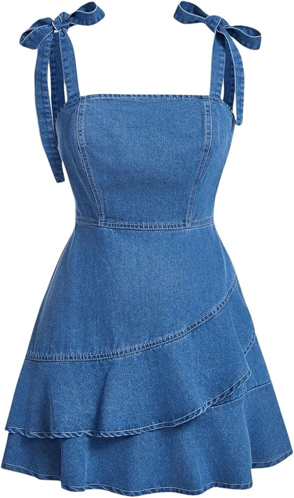 SHENHE Women's Tie Shoulder Sleeveless Denim Mini Dress Layered Ruffle Hem Jean Dress | Amazon (US)